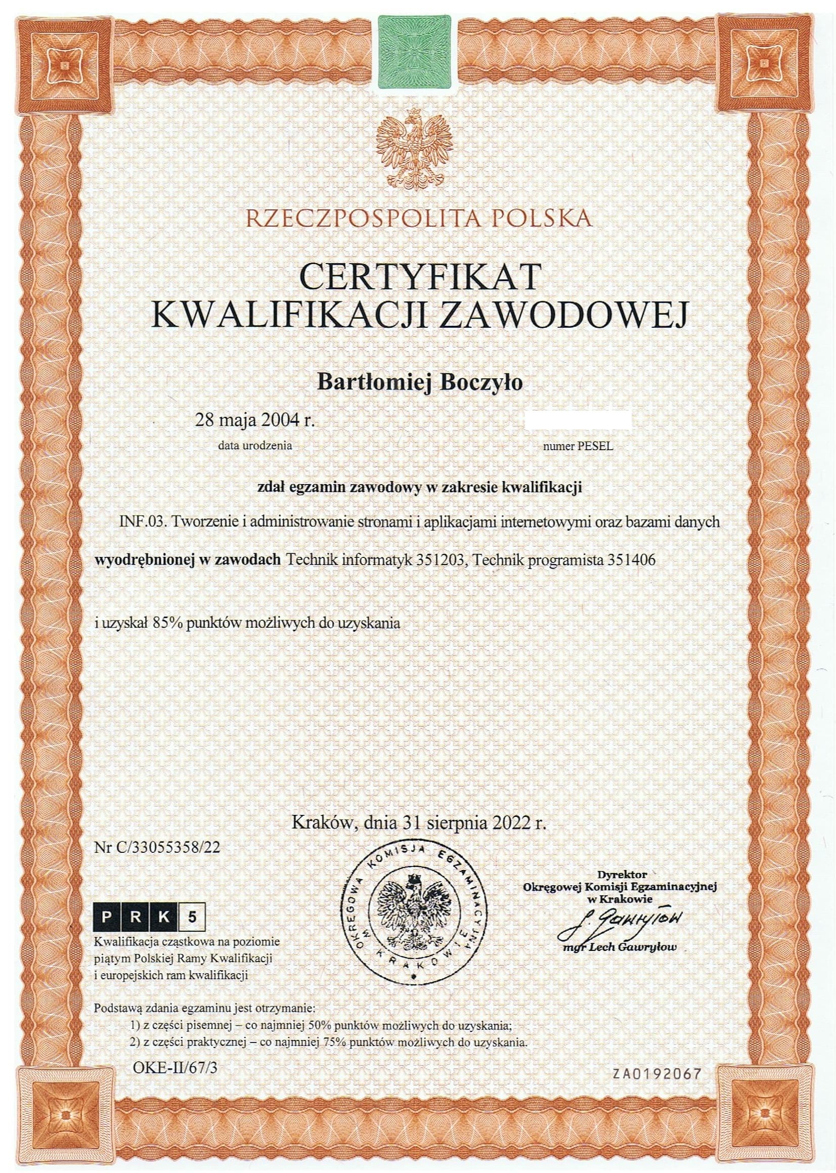 Certyfikat kwalifikacji zawodowej INF.03